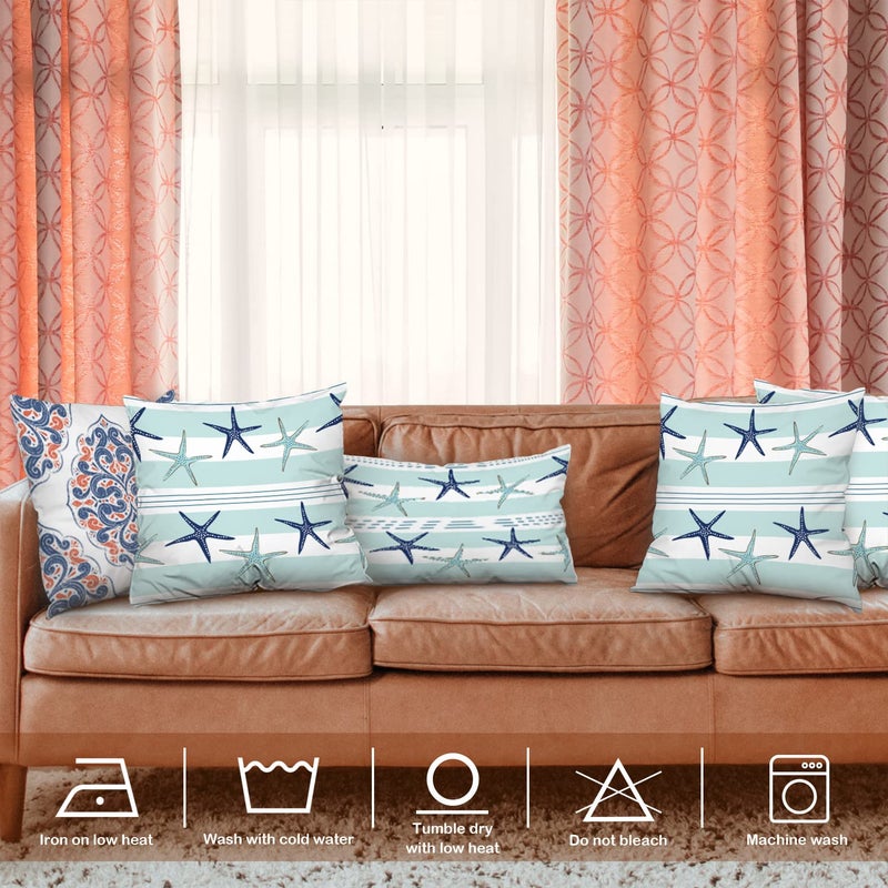 BaoNews Coastal Navy Blue Pillow Covers  Coastal Starfish Repeat Pattern Navy Turquoise Square 16 x 16 Inches Decorative Throw Pillow Covers Cotton Cushion for Sofa Bedroom Car  Blue 06  Set of 2 - Image 3