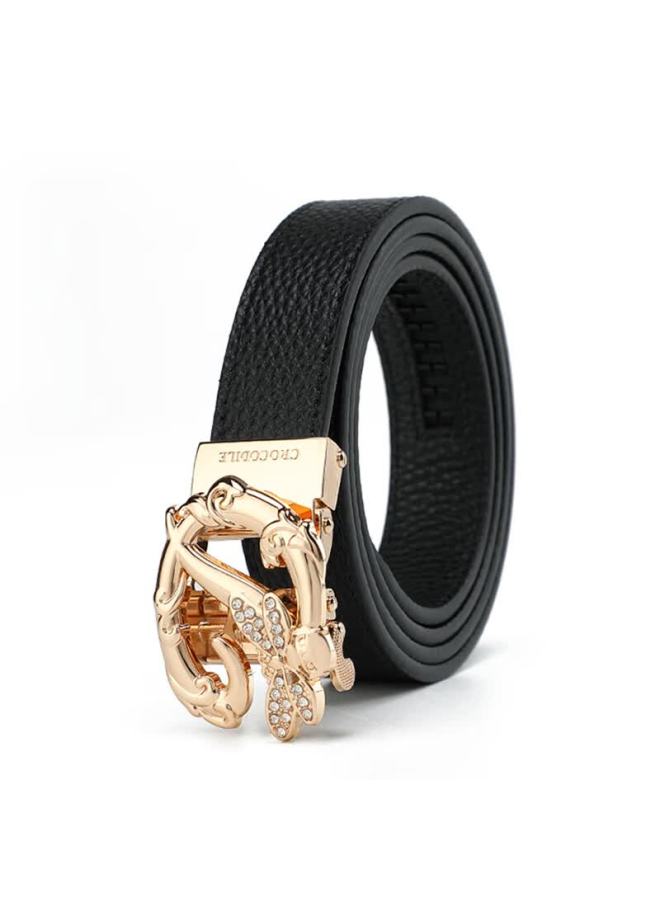 Crocodile Leather Women's Exquisite Hollow-out Automatic Buckle Belt, Simple Versatile Waistband, Women's Birthday Gift T3883 Black - Image 3