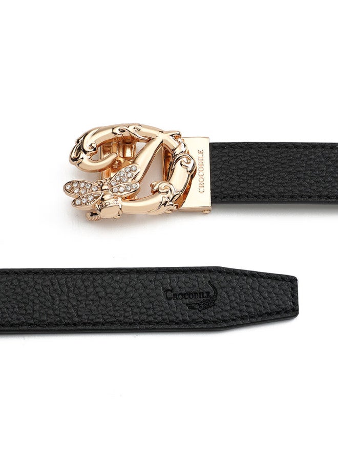 Crocodile Leather Women's Exquisite Hollow-out Automatic Buckle Belt, Simple Versatile Waistband, Women's Birthday Gift T3883 Black - Image 5