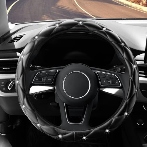 YOGURTCK Diamond Soft Leather Anti-Slip Steering Wheel Cover with Bling Bling Crystal Rhinestones, Universal 15 Inch for Women Girls, Fit Vehicles, Sedans, SUVs, Vans, Trucks - Black - Image 2