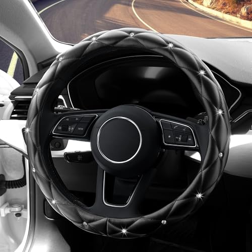 YOGURTCK Diamond Soft Leather Anti-Slip Steering Wheel Cover with Bling Bling Crystal Rhinestones, Universal 15 Inch for Women Girls, Fit Vehicles, Sedans, SUVs, Vans, Trucks - Black - Image 3