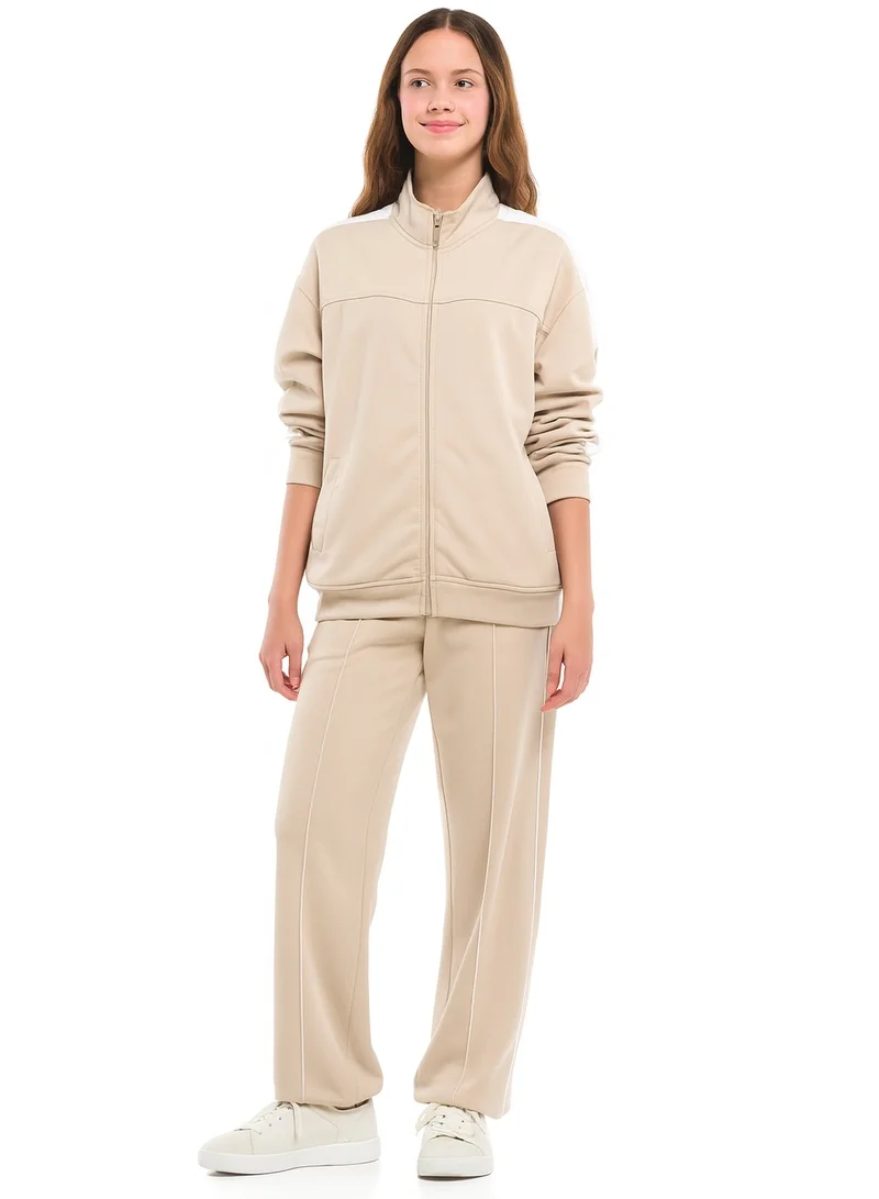 victor and jane Girls’ Beige Contrast-Stripe Track Set – Zip-Up Jacket &amp; Joggers