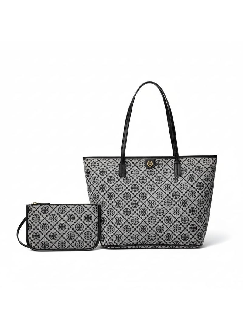 Burch Tory Burch The Totebag T monogram canvas, gray/black with zipper pouch size 45 cm