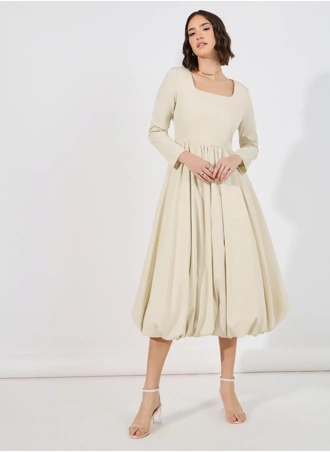 Styli Long Sleeves Bubble Hem Detail Midi Dress