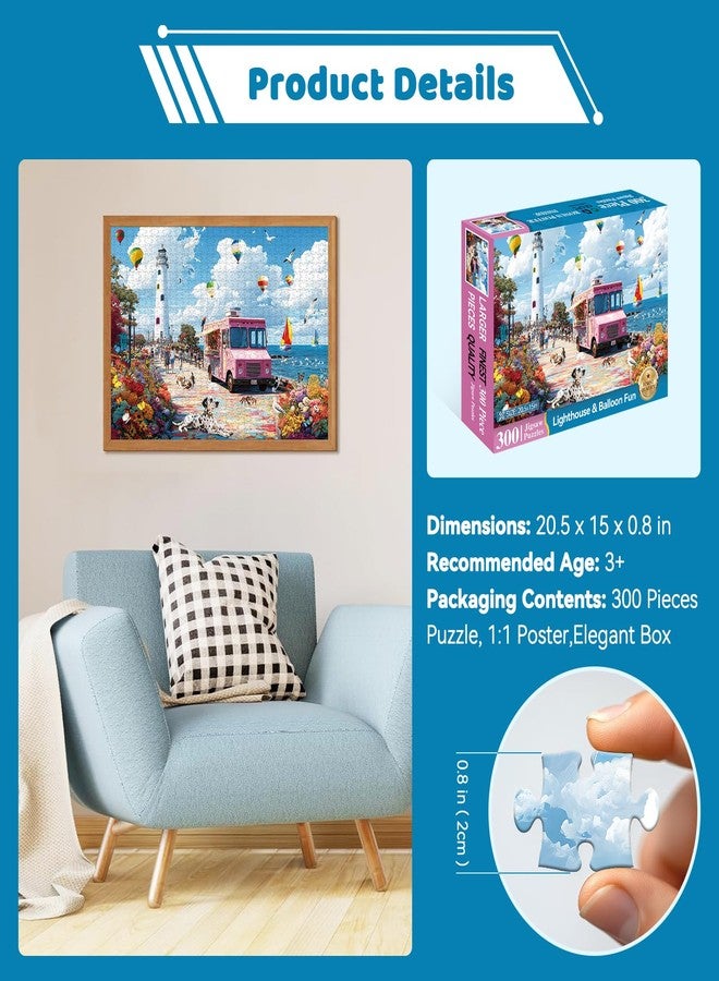 EIYRURU 300 Piece Puzzles for Adults, Spring & Summer 300 Piece Puzzles for Adults Large Piece, Hot Air Balloon Ice Cream Truck Jigsaw Puzzle Gift for Adult Kids Family Games Toy, 20.5 X 15 in - Image 3