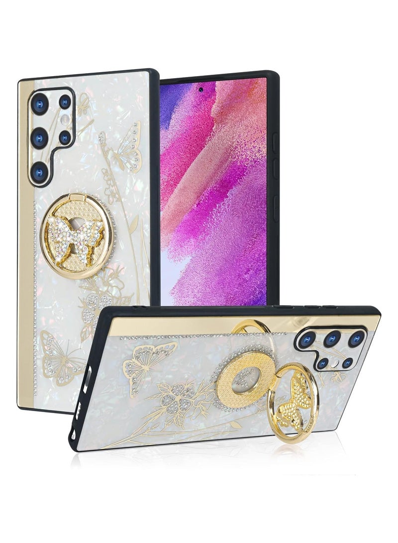 عام جراب Galaxy S24 Ultra مع حامل حلقة، تصميم فراشة الماس اللطيف للنساء، جراب أنيق بأحجار الراين الفاخرة على الجزء الخلفي من البولي كربونات + حافة من TPU ناعمة لحماية من الصدمات. - Image 1