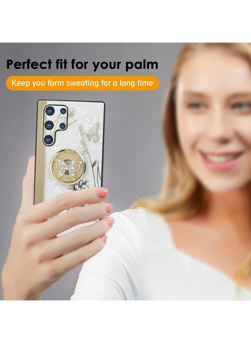 عام جراب Galaxy S24 Ultra مع حامل حلقة، تصميم فراشة الماس اللطيف للنساء، جراب أنيق بأحجار الراين الفاخرة على الجزء الخلفي من البولي كربونات + حافة من TPU ناعمة لحماية من الصدمات. - Image 4