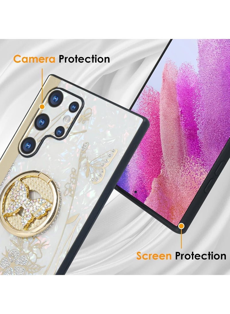 عام جراب Galaxy S24 Ultra مع حامل حلقة، تصميم فراشة الماس اللطيف للنساء، جراب أنيق بأحجار الراين الفاخرة على الجزء الخلفي من البولي كربونات + حافة من TPU ناعمة لحماية من الصدمات. - Image 3