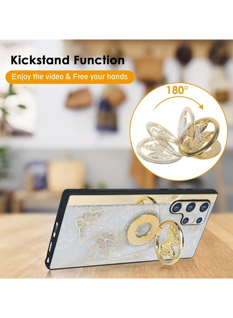 عام جراب Galaxy S24 Ultra مع حامل حلقة، تصميم فراشة الماس اللطيف للنساء، جراب أنيق بأحجار الراين الفاخرة على الجزء الخلفي من البولي كربونات + حافة من TPU ناعمة لحماية من الصدمات. - Image 5