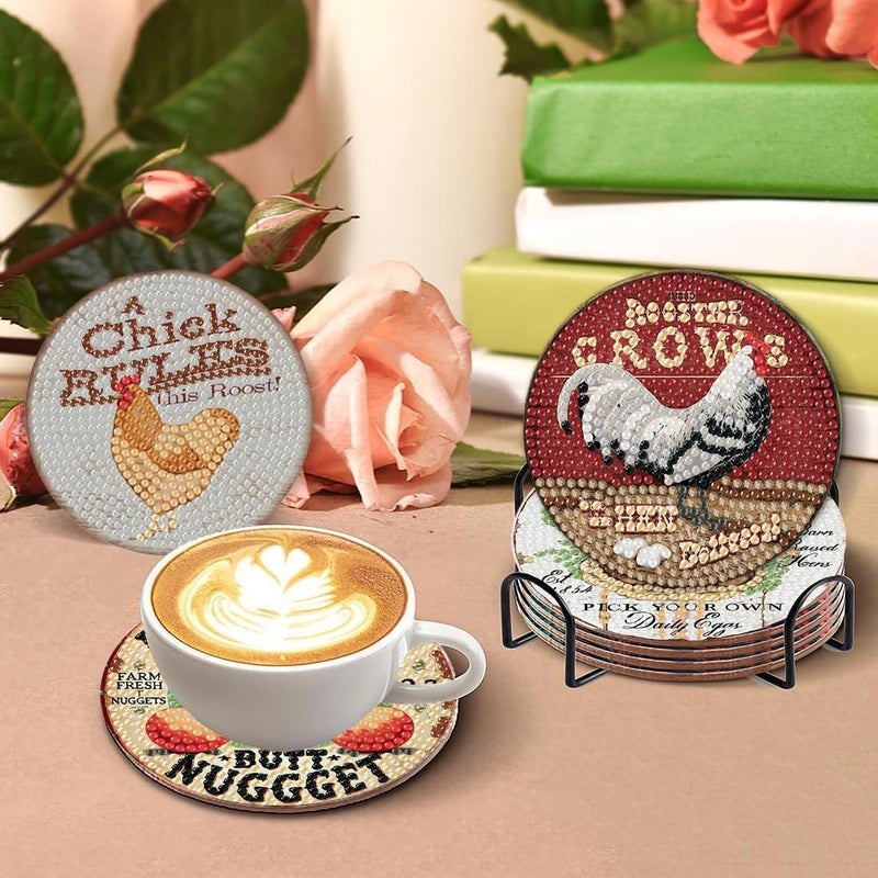 cupmod 8PCs Diamond Paintings Coasters Kits Set, Hen Diamond Art Coasters with Holder, DIY Crafts Chicken Funny Coasters, Diamond Art Kits Adult Craft Diamond Dots Gift - Image 3