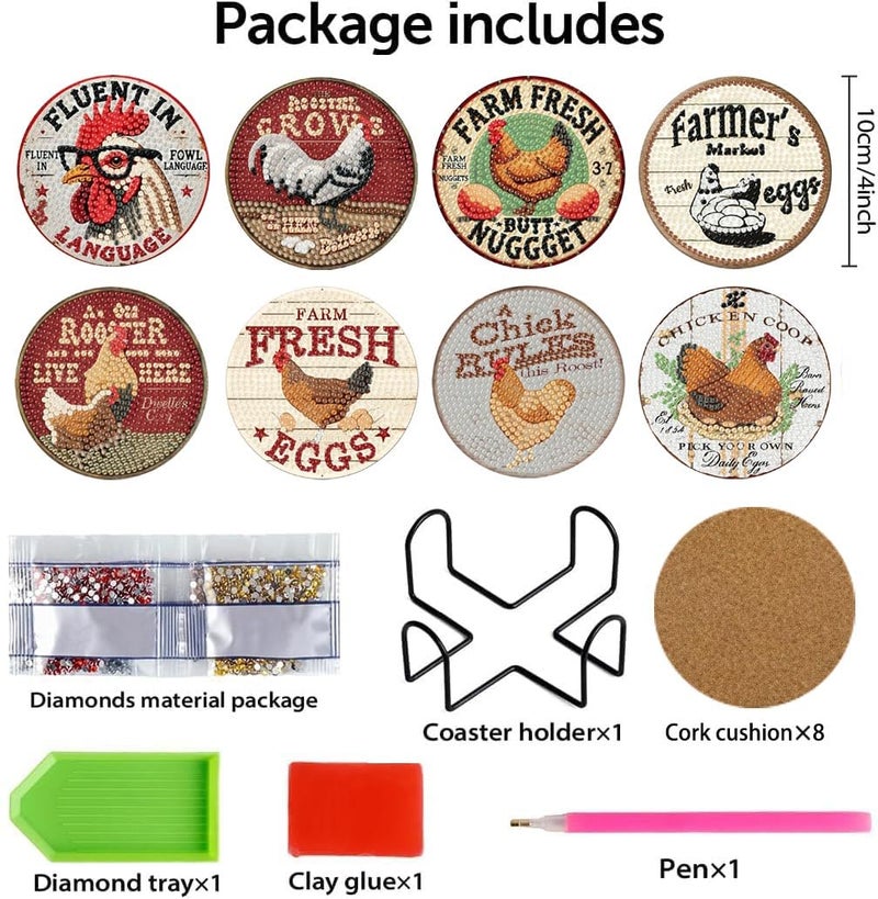 cupmod 8PCs Diamond Paintings Coasters Kits Set, Hen Diamond Art Coasters with Holder, DIY Crafts Chicken Funny Coasters, Diamond Art Kits Adult Craft Diamond Dots Gift - Image 2
