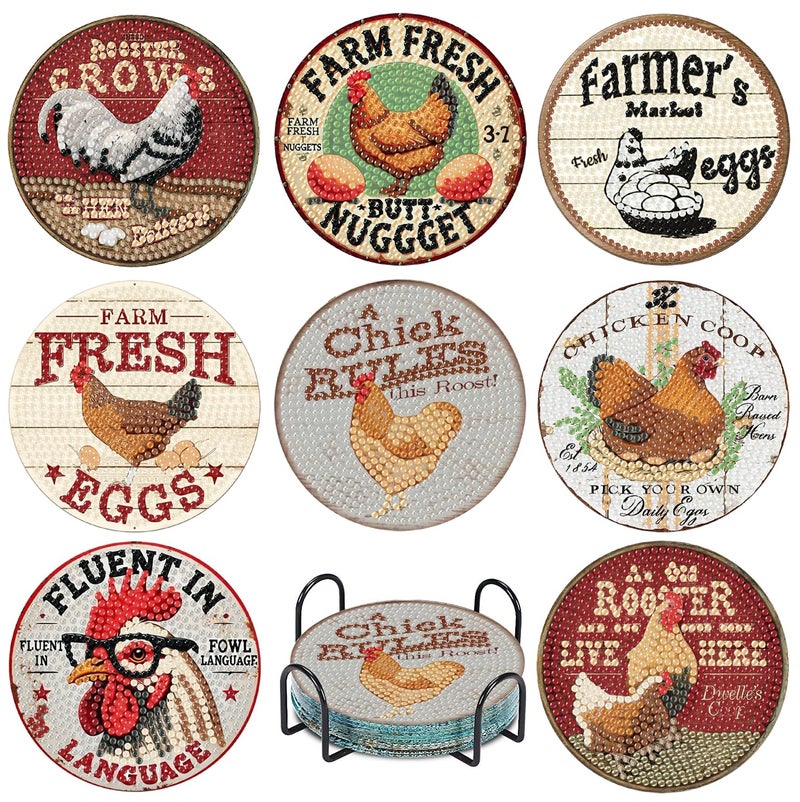 cupmod 8PCs Diamond Paintings Coasters Kits Set, Hen Diamond Art Coasters with Holder, DIY Crafts Chicken Funny Coasters, Diamond Art Kits Adult Craft Diamond Dots Gift - Image 1