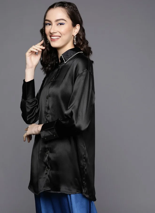 ساسافراس قميص سهرة طويل ساتان أسود نسائي