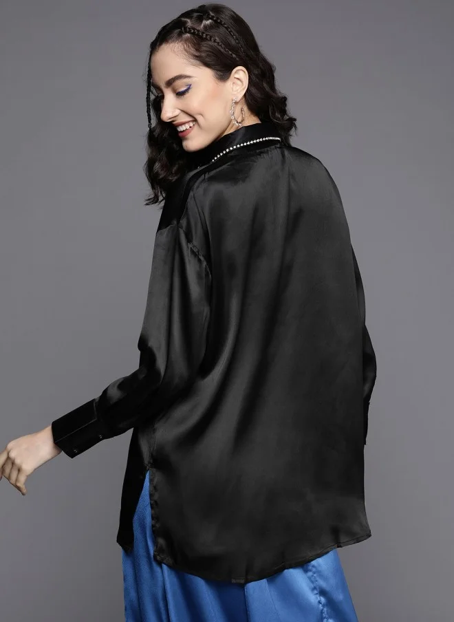 ساسافراس قميص سهرة طويل ساتان أسود نسائي