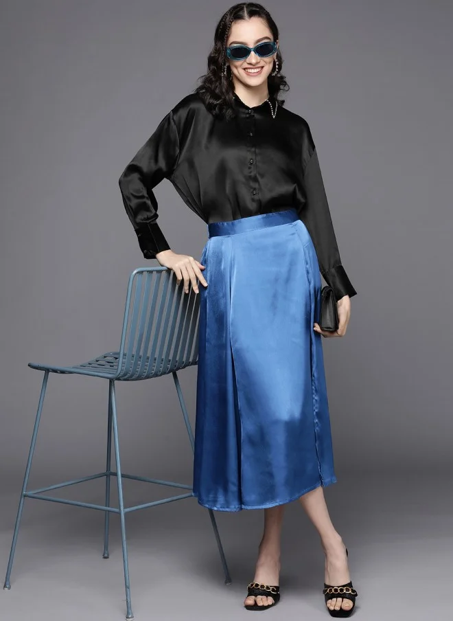 ساسافراس Black Satin Longline Party Shirt for Women
