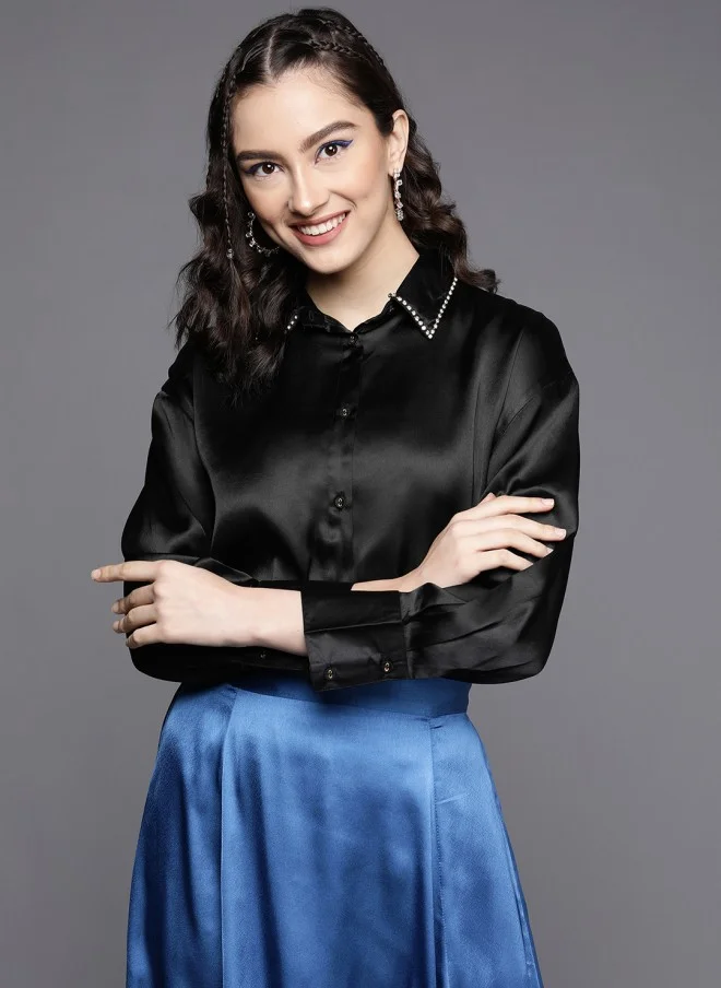 ساسافراس Black Satin Longline Party Shirt for Women