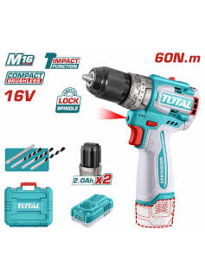 Total 60 Nm 13 mm 16 Volt 2 Amp Brushless Impact Drill + 2 Batteries & Charger TIDLI16682