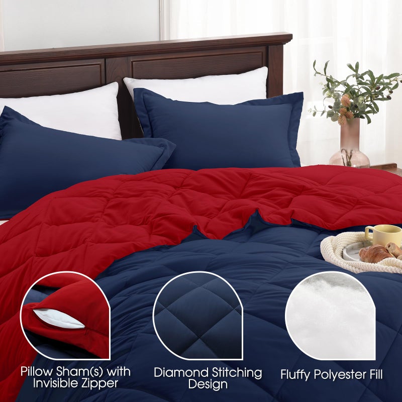 Basic Beyond King Size Navy and Red Comforter Set - Reversible King Bed Comforter Set for All Seasons, 104"x92", 2 Pillow Shams (20"x36"+2") - Image 4