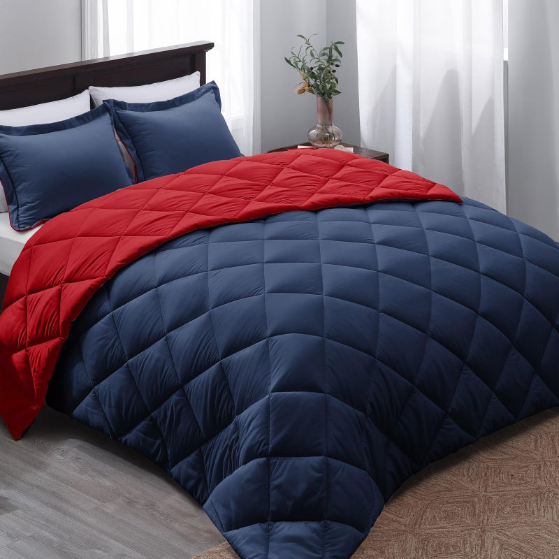 Basic Beyond King Size Navy and Red Comforter Set - Reversible King Bed Comforter Set for All Seasons, 104"x92", 2 Pillow Shams (20"x36"+2") - Image 1