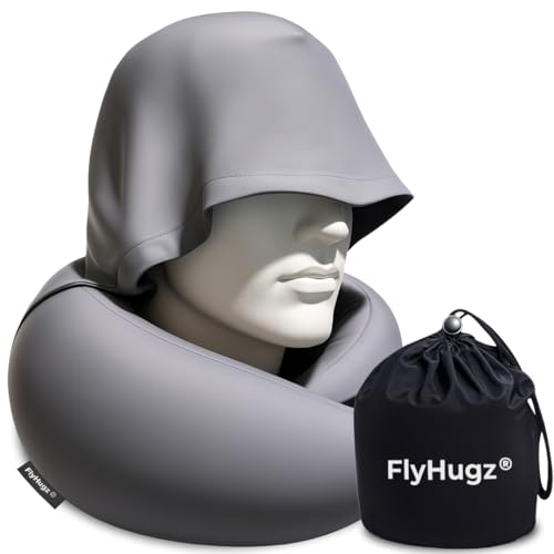 FlyHugz 20 Hooded Travel Pillow 2026 Original Release Memory Foam Neck Pillow with Adjustable Hood Premium Elastic Washable Cover First Class Comfort for Flights Road Trips SleepGray - Image 1