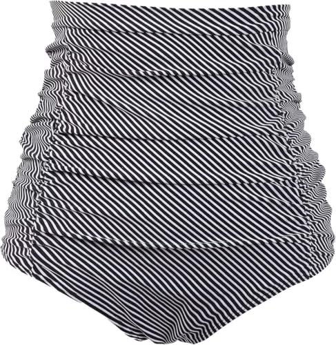 COCOPEAR Women's Ruched High Waisted Bikini Bottom Retro Vintage Swim Short Tankinis Black Stripe M - Image 4