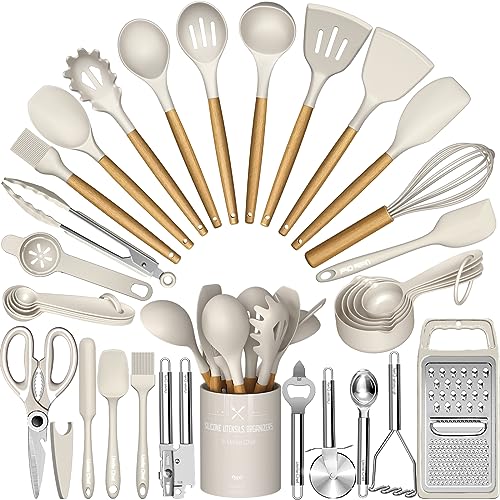 Umite Chef Silicone Kitchen Utensil Set 34PCS Heat Resistant Kitchen Gadgets and Tools With Grater Wood Handles for Nonstick Cookware