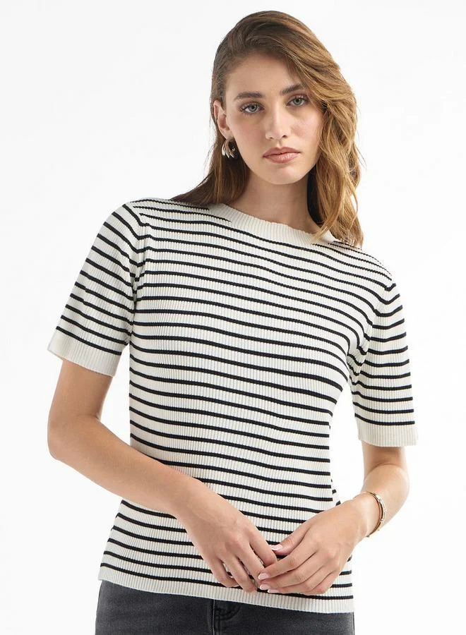Splash FAV Striped High Neck T-shirt with Short Sleeves