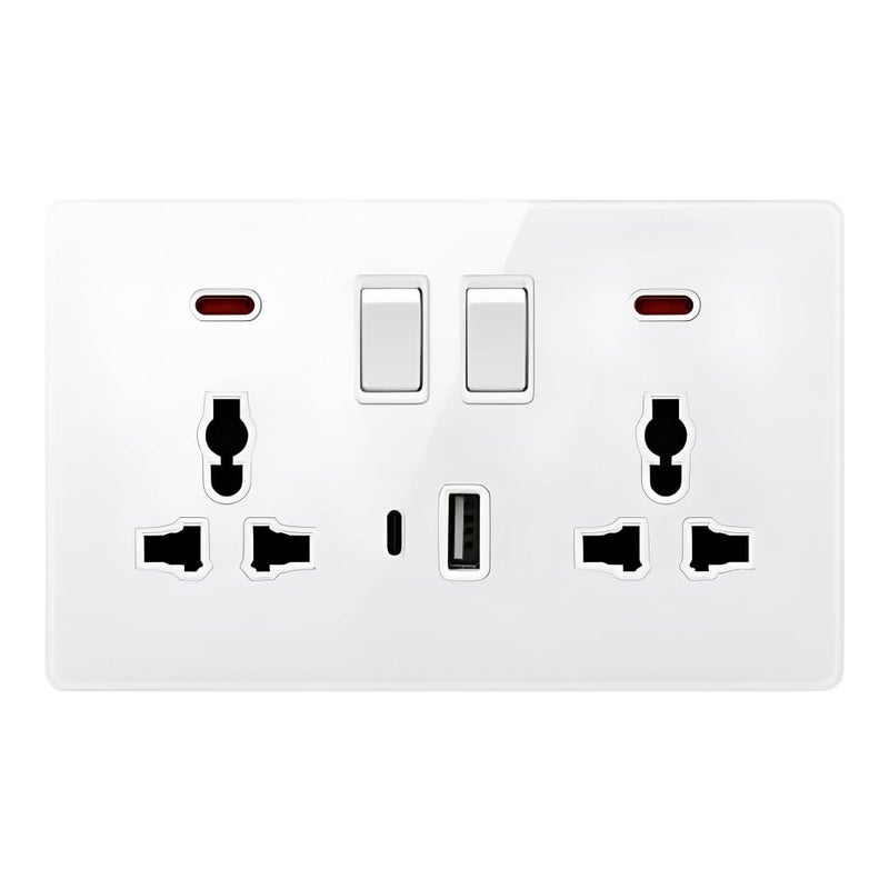 مأخذ حائط عالمي مع مفتاحين مزدوجين، 2 مخرج متعدد، منفذ شحن USB وغطاء أمان - أبيض - Image 1