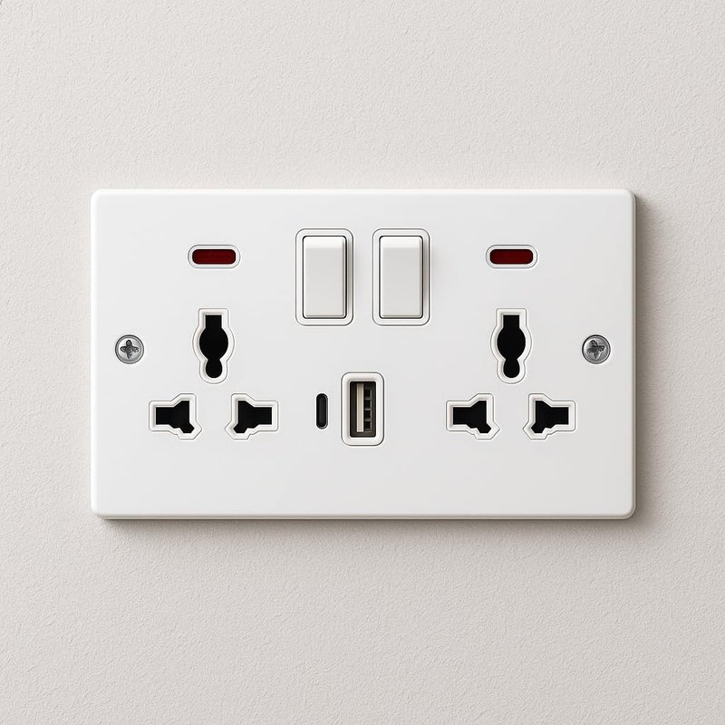 مأخذ حائط عالمي مع مفتاحين مزدوجين، 2 مخرج متعدد، منفذ شحن USB وغطاء أمان - أبيض - Image 2