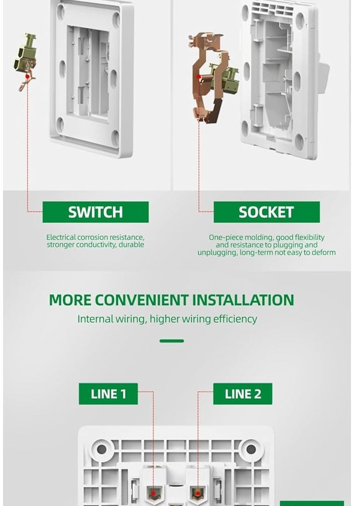 مأخذ حائط عالمي مع مفتاحين مزدوجين، 2 مخرج متعدد، منفذ شحن USB وغطاء أمان - أبيض - Image 4