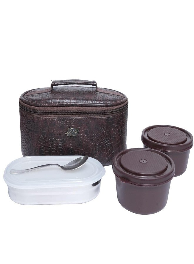 Koi Stainless Steel Lunch Box |Leakproof | Airtight | for Office, School & Travel | Effortless Cleaning | 2 Round Containers, 450 ml Each, 1 Oval Container 500 ml,1 Spoon (Brown Croko)