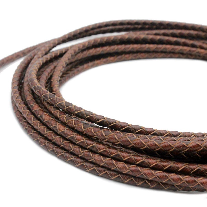 5 Yards 3mm Braided Leather Strap Round Folded Leather Cord Bracelet Necklace Making Bolo Tie Tan Distressed