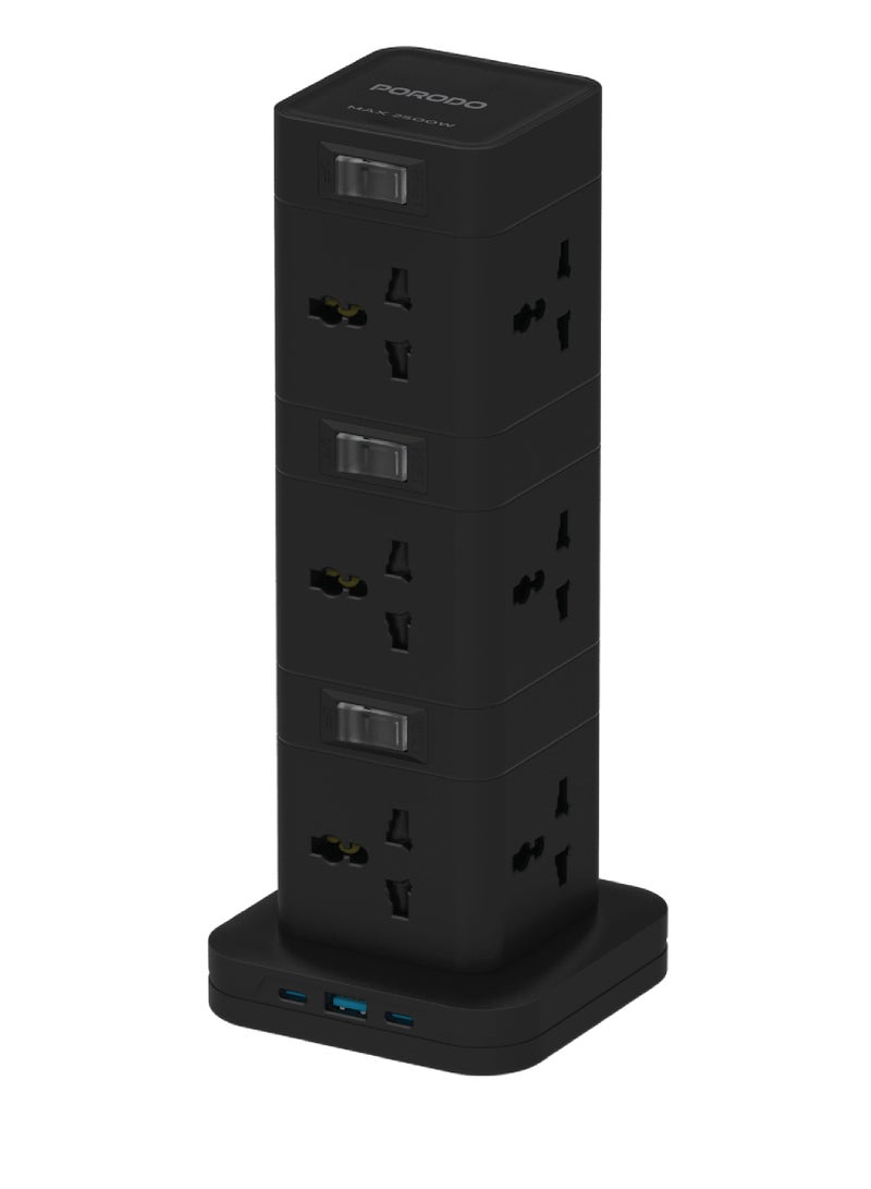 porodo Power Hub Three-Story 12AC Sockets 2500W With USB-C PD & Quick Charge 3.0/ 2x USB-C/ 1x USB-A /3M Cable / Built-In Safeguards / 20W USB-C Output / For Office or Home - Black - Image 1