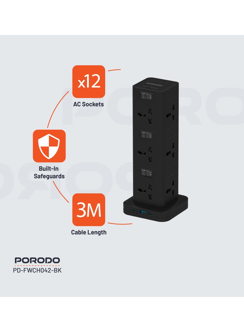 porodo Power Hub Three-Story 12AC Sockets 2500W With USB-C PD & Quick Charge 3.0/ 2x USB-C/ 1x USB-A /3M Cable / Built-In Safeguards / 20W USB-C Output / For Office or Home - Black - Image 2