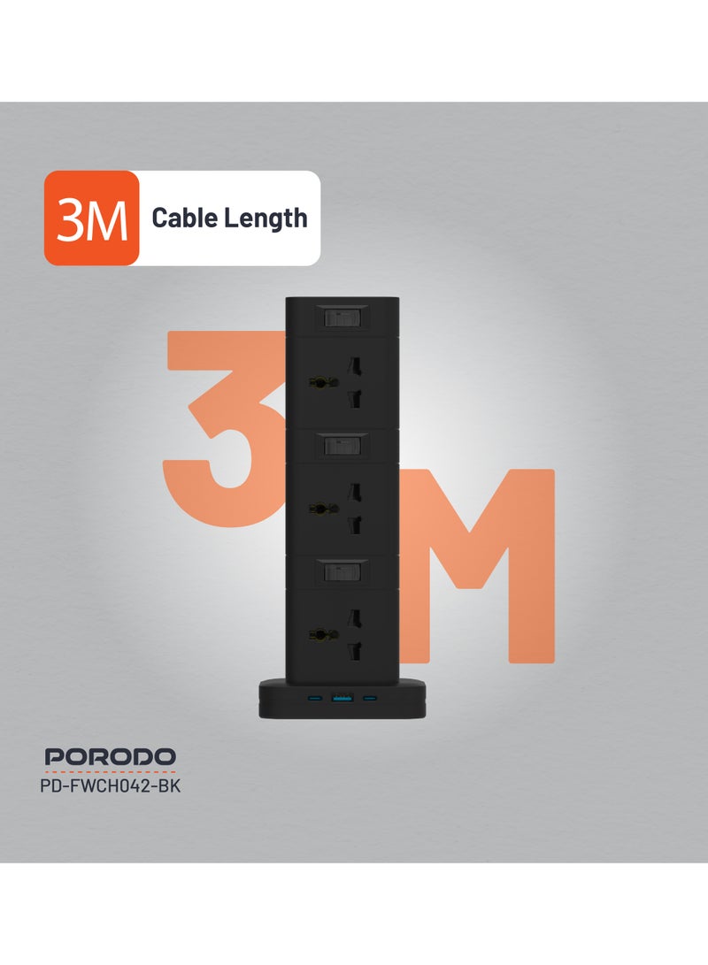 porodo Power Hub Three-Story 12AC Sockets 2500W With USB-C PD & Quick Charge 3.0/ 2x USB-C/ 1x USB-A /3M Cable / Built-In Safeguards / 20W USB-C Output / For Office or Home - Black - Image 4