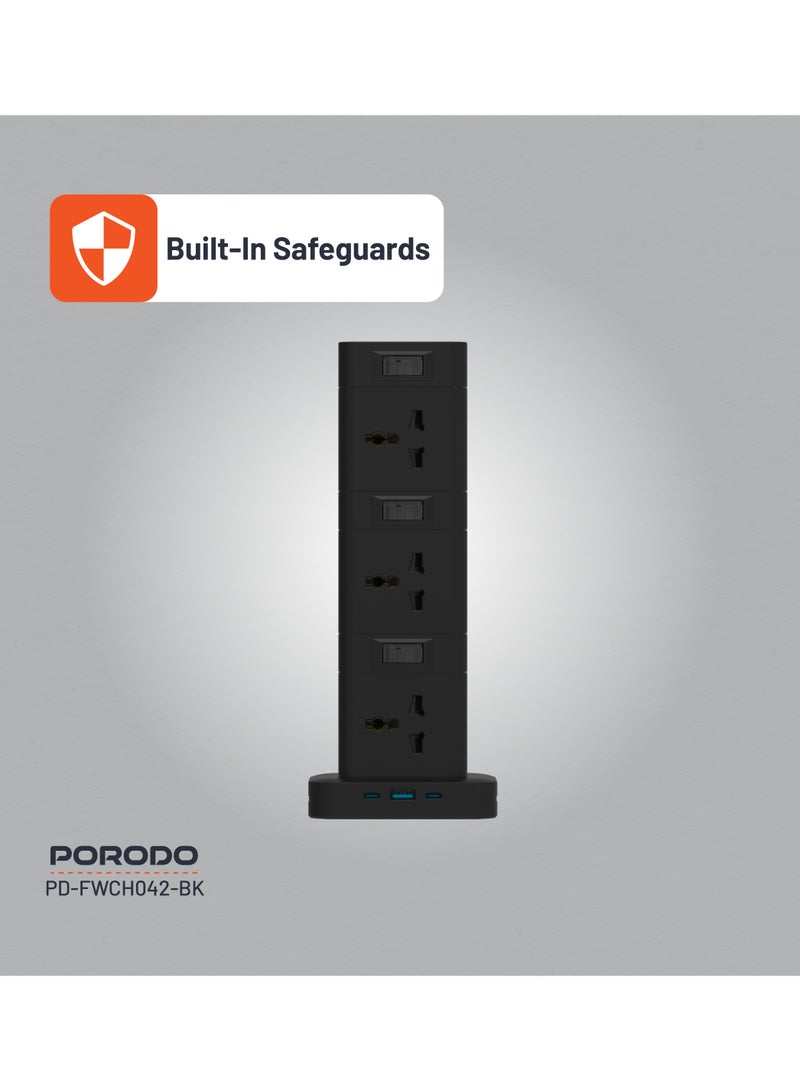 porodo Power Hub Three-Story 12AC Sockets 2500W With USB-C PD & Quick Charge 3.0/ 2x USB-C/ 1x USB-A /3M Cable / Built-In Safeguards / 20W USB-C Output / For Office or Home - Black - Image 3