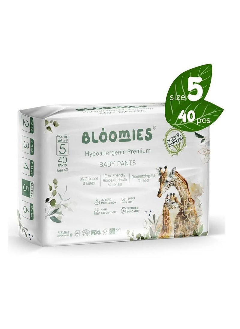 Bloomies Bloomies Organic Bamboo Premium Pant Style Baby Diapers, 40 Pieces, Size 5, Hypoallergenic, 3D Leak Protection, Wetness Indicator, Super Soft 