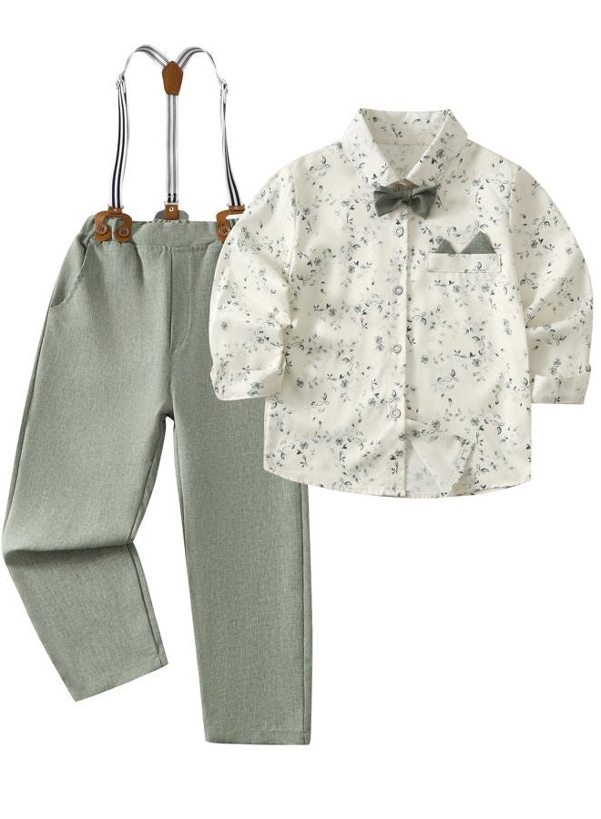 Fdqin Little Boy Clothes Suits Dress Shirt with Bow Tie Suspender Pants Gentleman Outfit Sets for Party, Prom, Wedding, Light Green, 4-5 Years - Image 1