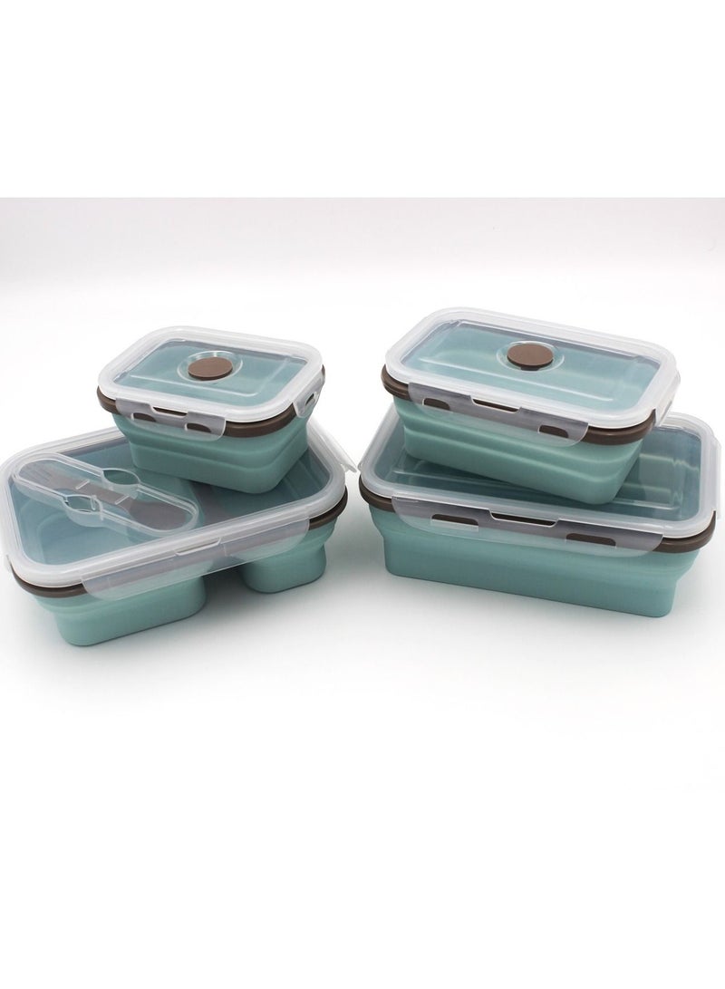 Auroware Silicone School Lunch box Set 4 Piece Collapsible with Spoon Lightweight Dishwasher safe Microwave Safe Dual Storage Easy to carry Kids Students - Image 1