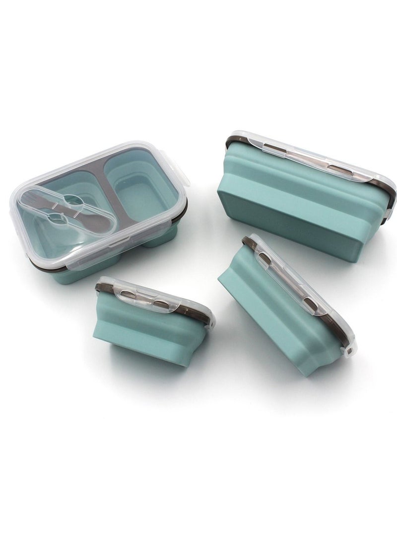 Auroware Silicone School Lunch box Set 4 Piece Collapsible with Spoon Lightweight Dishwasher safe Microwave Safe Dual Storage Easy to carry Kids Students - Image 2