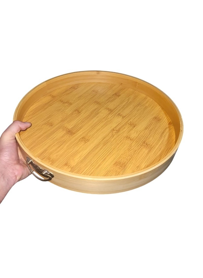 Wooden Serving Tray, Round, 40cm Diameter Wood Serving Tray with Handles Decorative Serving Trays Platter for Breakfast in Bed, Lunch, Dinner, Patio, Ottoman, Coffee Table, BBQ, Party  - Image 1