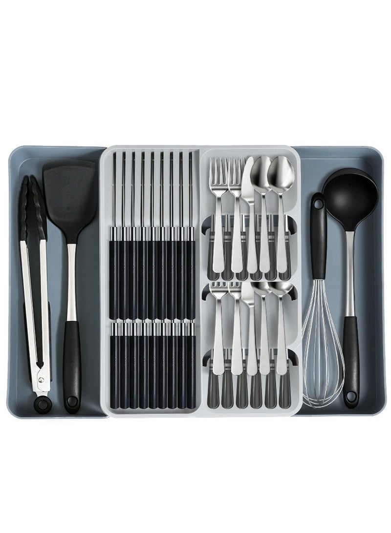 Gmisun Silverware Drawer Organizer, Expandable Utensil Tray for Kitchen, BPA Free Flatware and Cutlery Holder, Adjustable Plastic Storage for Spoons Forks Knives, Large,Stretch Out The Cutlery The Stowed Box Can Be Retracted Into Shape,27.5-51 × 38.9 × 5 cm - Image 1