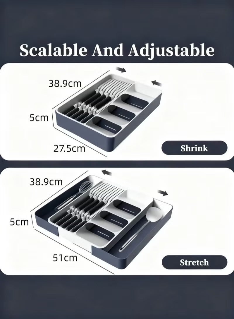 Gmisun Silverware Drawer Organizer, Expandable Utensil Tray for Kitchen, BPA Free Flatware and Cutlery Holder, Adjustable Plastic Storage for Spoons Forks Knives, Large,Stretch Out The Cutlery The Stowed Box Can Be Retracted Into Shape,27.5-51 × 38.9 × 5 cm - Image 2