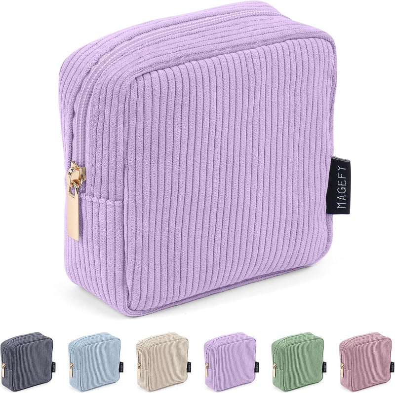 MAGEFY Small Makeup Bag Corduroy Make up Bag with Compartments Travel Cosmetics Bag for Women Girls Makeup Pouch, Small-purple-1pcs - Image 1