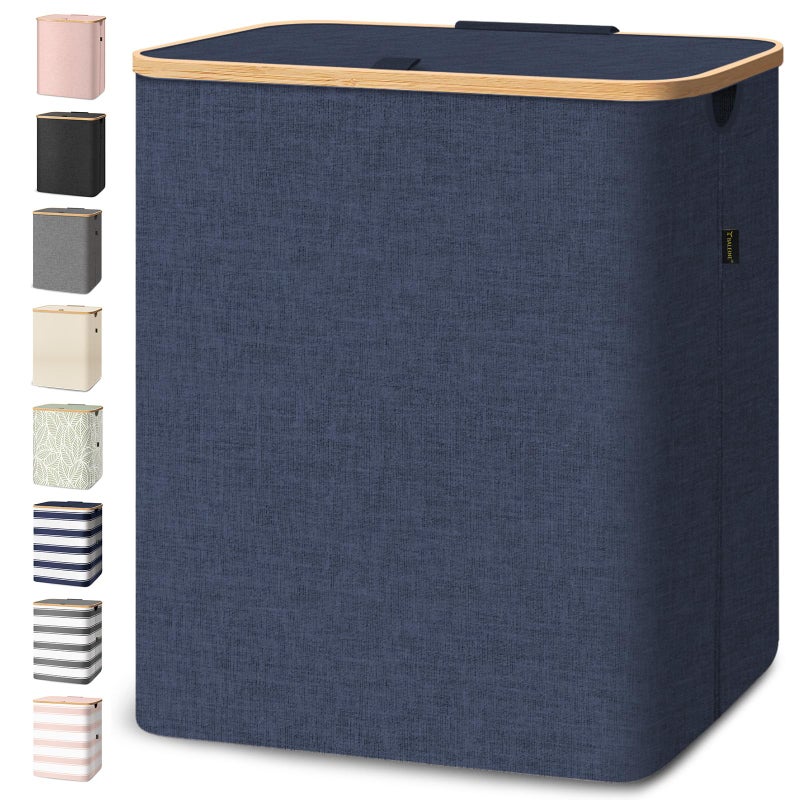 BALEINE Laundry Hamper with Lid Tall Laundry Baskets with Bamboo Pull Handles Large Laundry Bin with Internal Support 36 Gal140L Blue