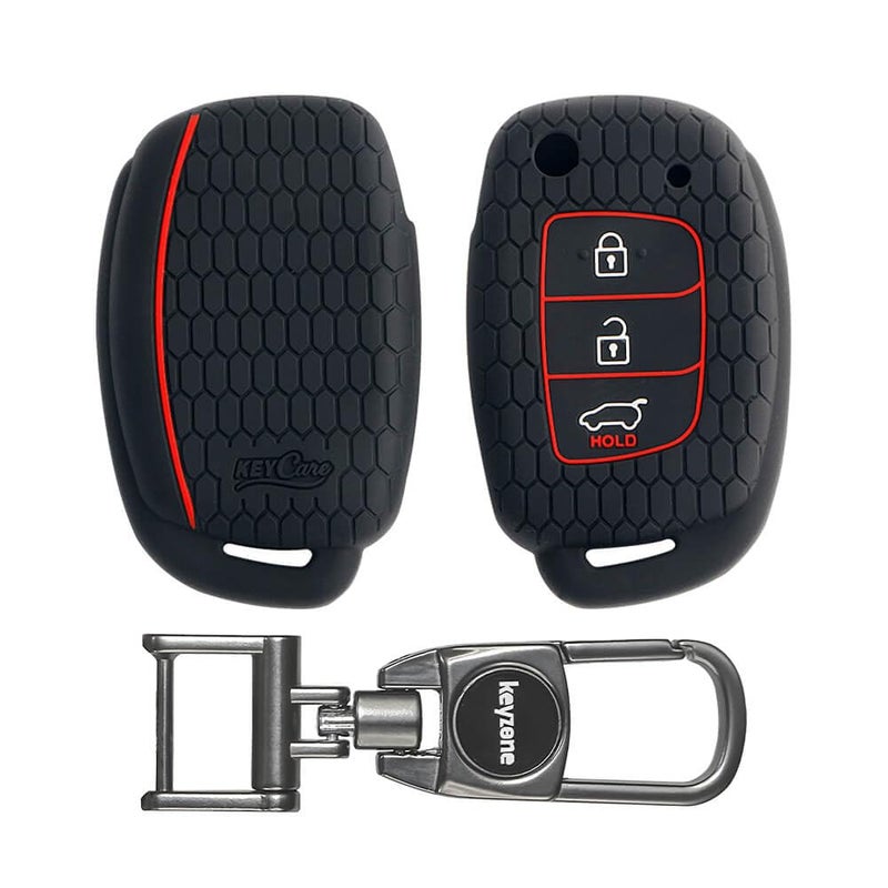 Keyzone Silicone Key Cover for Hyundai Creta, Venue, Tucson, Alcazar, i20, Xcent, Aura, Elite i20, Active i20, Grand i10 flip Keys (Black with MAH Key Holder) - Image 1