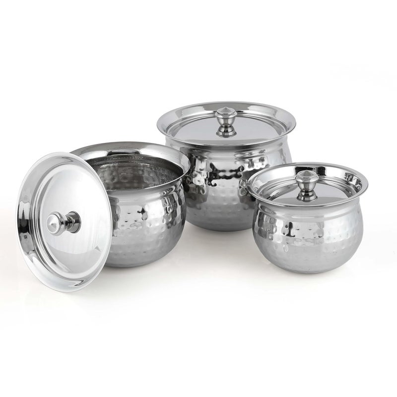 Expresso Steel Handi Set Copper Bottom Handi Set with Lid | Cookware Set of 3 Pieces Cooking Serving Bowl biryani Milk Hot Pot Pan Size - 600/1000/1500ml (Design 2) - Image 1