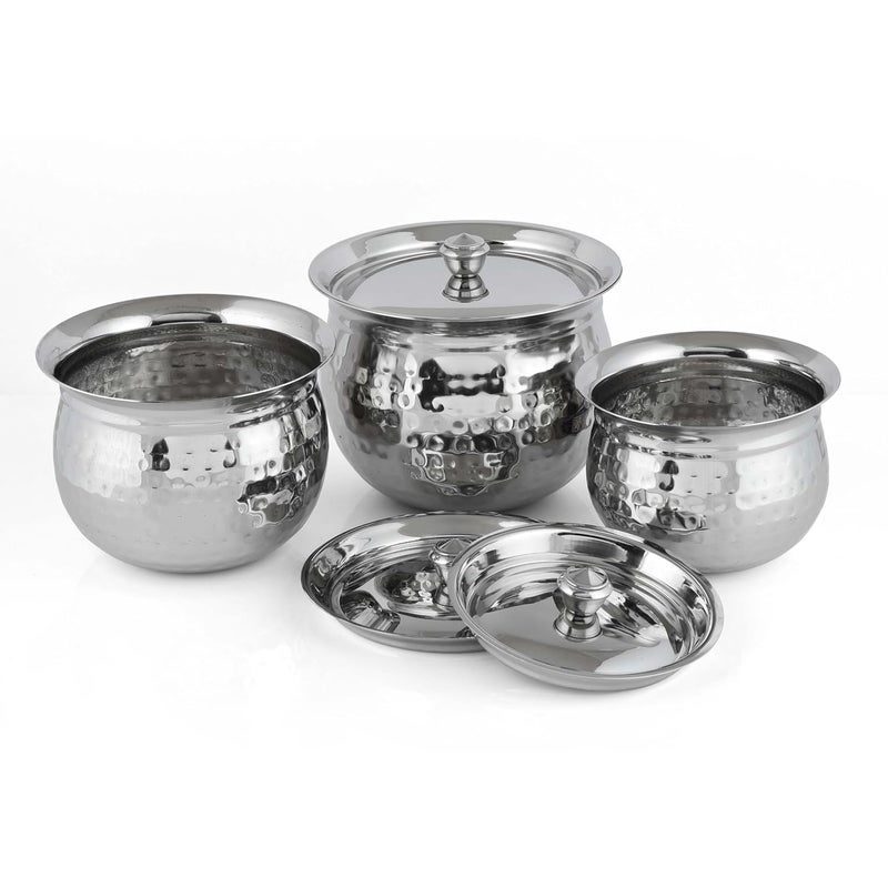 Expresso Steel Handi Set Copper Bottom Handi Set with Lid | Cookware Set of 3 Pieces Cooking Serving Bowl biryani Milk Hot Pot Pan Size - 600/1000/1500ml (Design 2) - Image 4