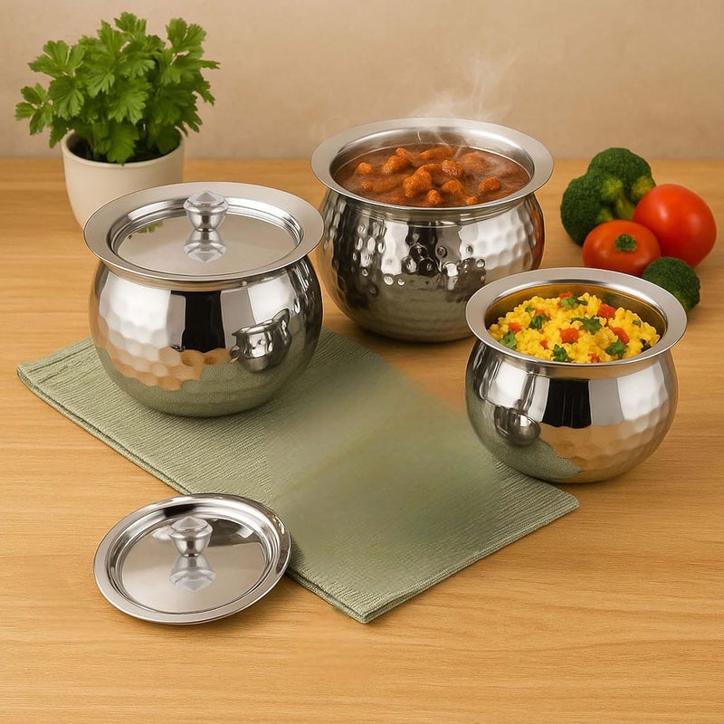 Expresso Steel Handi Set Copper Bottom Handi Set with Lid | Cookware Set of 3 Pieces Cooking Serving Bowl biryani Milk Hot Pot Pan Size - 600/1000/1500ml (Design 2) - Image 2