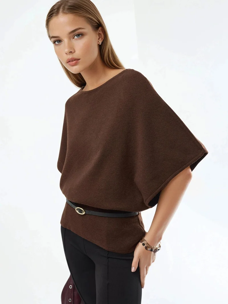 Qustyle QU STYLE Belted Crew Neck Ribbed Knit Sweater